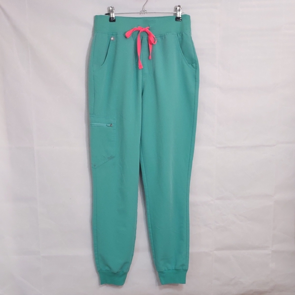 Figs Zamora Jogger Scrub Pants, Surgical Green with Pink Drawstring